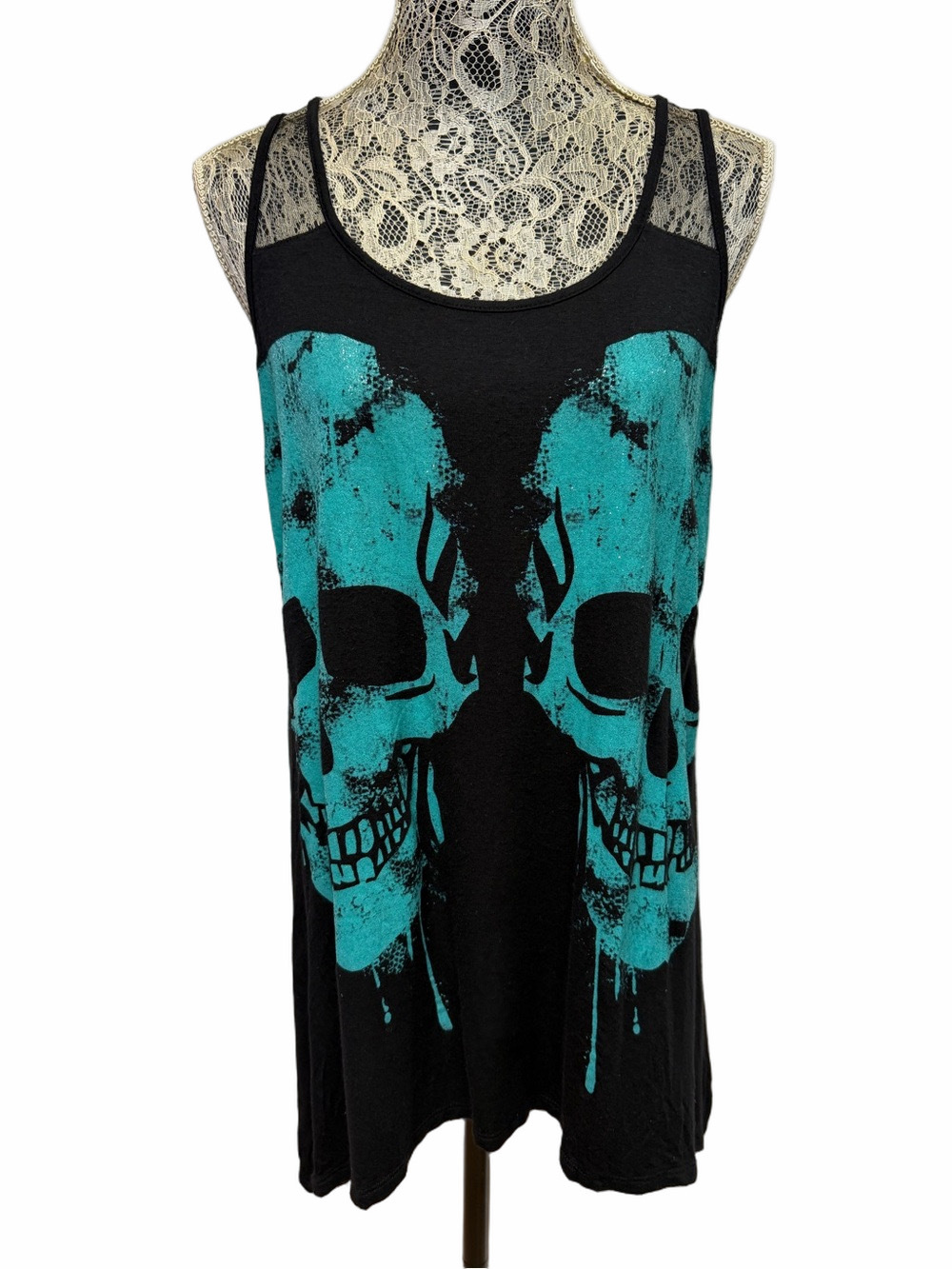 Midnight Hour Women’s L Black Teal Skull Graphic Mesh Racerback Tank